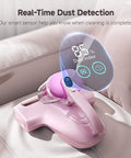 Powerful 16KPa Mattress Vacuum With UV-C Light, showing dust detection feature on pink fabric surface