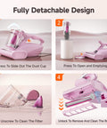 Powerful 16KPa Mattress Vacuum With UV-C Light showing detachable design for cleaning function in pink model.