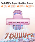 Powerful 16KPa Mattress Vacuum With UV-C Light, Metal Roller, HEPA Filter, pink vacuum demonstrating suction power