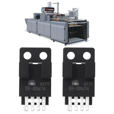 Two Pack Micro Photoelectric Sensor Switch 5 To 24V DC NPN Output Selectable Normally Open Or Normally Closed shown with machinery.