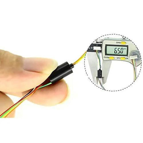 Mini Cap Slip Ring For DIY Projects 6.5mm OD shown with caliper measuring diameter, highlighting compact design for rotating electrical connection.