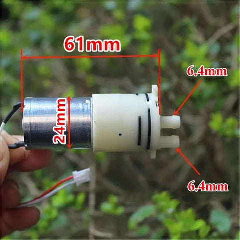 Mini Self Priming Diaphragm Water Pump 6V-12V With 370 Micro Motor DSB413-B dimensions 61mm x 24mm, ports 6.4mm