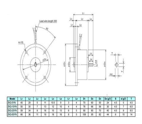 Technical diagram of ZKG-50YN Solid Shaft Miniature Magnetic Particle Brake showing dimensions and design details.