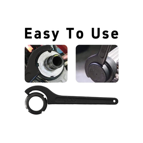 C Hook Spanner Wrench fits 45 to 52mm round nuts for motorcycle shock absorbers and coilovers, shown in use on a nut adjustment.