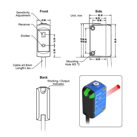 Diagram of Multi Mode Photoelectric Switch Sensor With Visible Red Light, dimensions, and adjustable sensitivity for industrial use