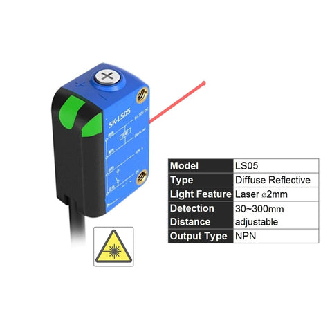 Multi Mode Photoelectric Switch Sensor with diffuse reflective laser feature, model LS05, 30-300mm detection, NPN output