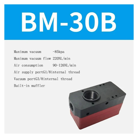 BM-30B model with max vacuum flow, multi-stage vacuum generator showcased with specs and fully automatic BM multi stage vacuum generator with BX negative pressure pump for high flow suction, heavy duty industrial vacuum system BM-30B model, smooth operation and big suction power details.