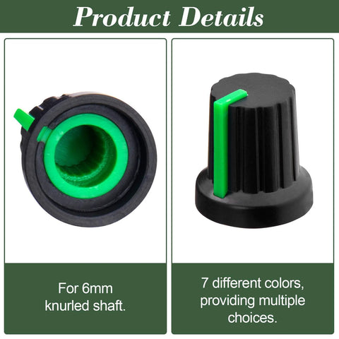 Close-up of a green Multicolor 28 Piece 6mm Knurled Shaft Potentiometer Knob for Guitar Volume and Tone Controls.