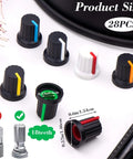 Multicolor 28 Piece 6mm Knurled Shaft Potentiometer Knob Set, assorted colors with dimensions for guitar volume and tone controls.