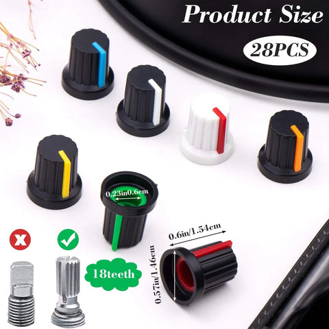 Multicolor 28 Piece 6mm Knurled Shaft Potentiometer Knob Set, assorted colors with dimensions for guitar volume and tone controls.