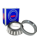 Premium Tapered Roller Bearing 30306 for high load machinery with 30 mm inner diameter, next to NSK packaging, front view.