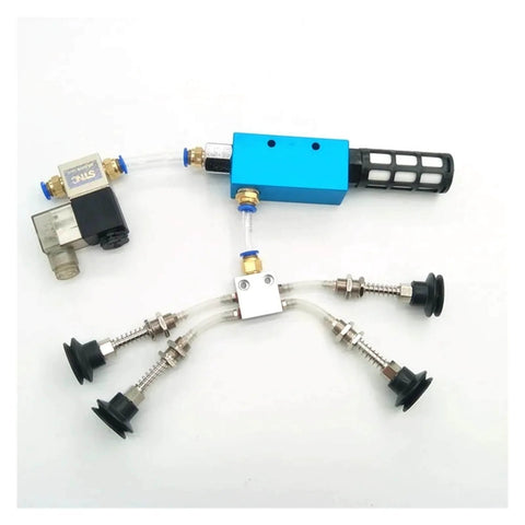 Air Exhaust Ejector Vacuum Module for Pneumatic Systems with Negative Pressure Control Valve, 10W 6F fittings, blue casing.