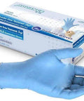 Front view of blue nitrile examination glove worn on hand; Diamond Gloves box in background