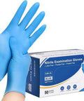 Front view of Sam blue nitrile examination gloves, XL, 4mil, box of 50