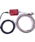Non Contact Eddy Current Displacement Sensor ML33 A A with 4-20 mA Output, stainless steel housing, shown with cables