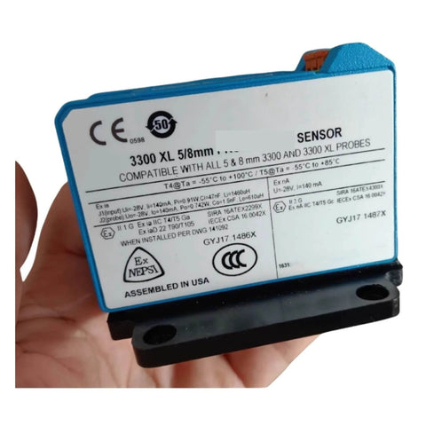Eddy Current Displacement Sensor 330180-50-CN label on device for high precision linear gap measurement in industrial equipment.