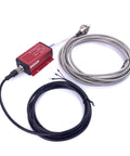Non Contact Eddy Current Displacement Sensor ML33 A A With 4 to 20 mA Output, stainless steel cables, sensor unit, and connectors.
