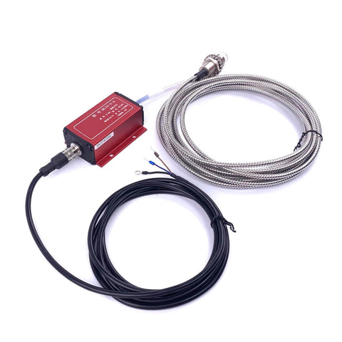 Non Contact Eddy Current Displacement Sensor ML33 A A With 4 to 20 mA Output, stainless steel cables, sensor unit, and connectors.