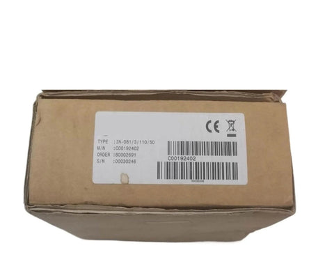 Brown box packaging for Noncontact Eddy Current Displacement Sensor IN-081/3/110/50, labeled with barcode and product details.