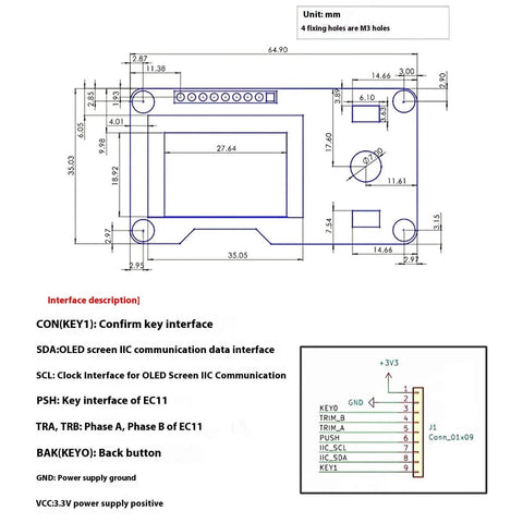 Technical diagram of Dope 0.96 Inch And 1.3 Inch OLED Display Module With EC11 Rotary Encoders I2C Interface for IoT prototyping.
