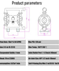Technical diagram of Air Diaphragm Pump for Oil Transfer, 1.5 Inch Inlet and Outlet, 44 GPM, leak-proof, with specifications