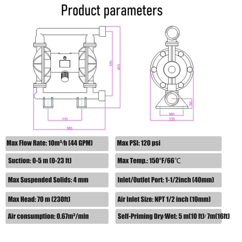 Technical diagram of Air Diaphragm Pump for Oil Transfer, 1.5 Inch Inlet and Outlet, 44 GPM, leak-proof, with specifications
