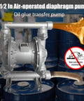 Air Diaphragm Pump for Oil Transfer with 1.5 inch inlet and outlet, aluminum body, shown transferring oil in industrial setting