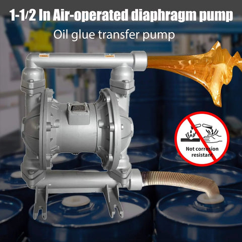 Air Diaphragm Pump for Oil Transfer with 1.5 inch inlet and outlet, aluminum body, shown transferring oil in industrial setting