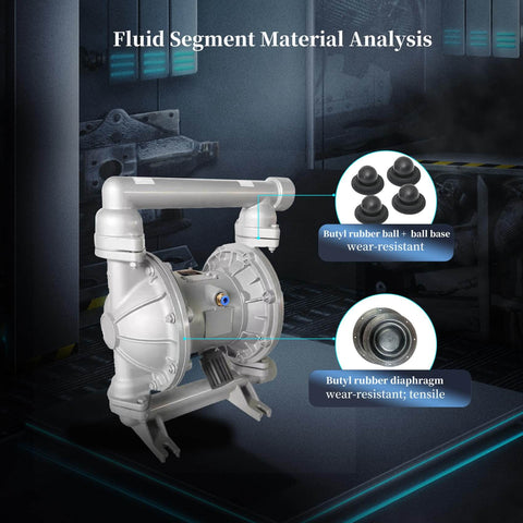 Air Diaphragm Pump for Oil Transfer, 1.5 Inch Inlet and Outlet, showing aluminum body and nitrile rubber diaphragms
