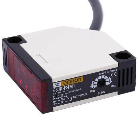 Omron E3JK R4M1 Reflective Photoelectric Switch Sensor with 4m induction distance, close-up view, showing cable and sensor panel.