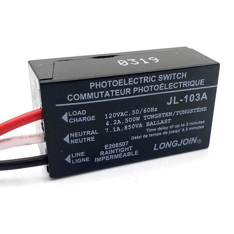 Outdoor 120V AC Dusk To Dawn Photocell Switch with light control sensor, hard wired UL certified, black rectangular design.