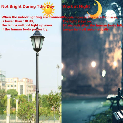 Outdoor Dusk To Dawn Photo Sensor Switch For Lamps And Lighting Auto Night On Daylight Off, showing lamp post in day and night settings