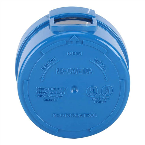 Outdoor Photocell Sensor Automatic Dusk To Dawn Switch For Lighting, weatherproof blue housing, close-up view