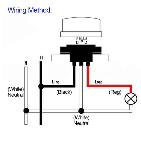 Wiring diagram for Outdoor Photocell Sensor Automatic Dusk To Dawn Switch For Lighting, showing connections and load configuration.