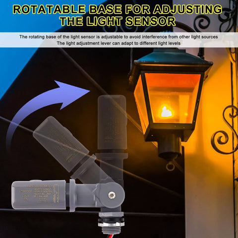 Outdoor Photocell Sensor with rotatable base for adjusting light, adjacent to street lamp, Auto On At Dusk Off At Dawn, Waterproof, 120-277VAC