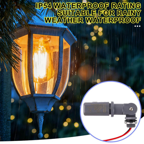 Outdoor Photocell Sensor For Lights Auto On At Dusk Off At Dawn 120-277VAC 50/60Hz IP54 in rainy weather next to a street lamp