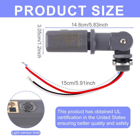 Outdoor Photocell Sensor For Lights Auto On At Dusk Off At Dawn 120-277VAC 50/60Hz IP54 with measurement indications
