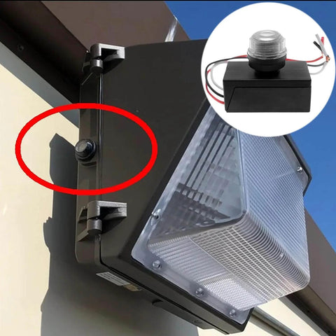 No Fuss Outdoor Photosensitive Sensor Switch For Dusk To Dawn Lighting, installed on outdoor fixture, close-up of weatherproof design