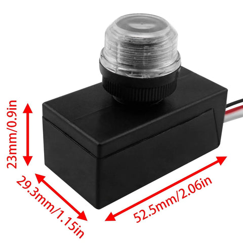 No Fuss Outdoor Photosensitive Sensor Switch for Dusk to Dawn Lighting, dimensions labeled, black plastic with clear top