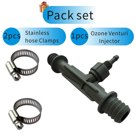 Image showing the pack set with 2 stainless hose clamps and 1 Ozone Venturi Injector Three Quarter Inch Barbed Inlet And Outlet One Quarter Inch Ozone Port For Cold Plunge Spa Pool Circulation Pumps And Irrigation Premium PVC Durable And Weather Resistant.