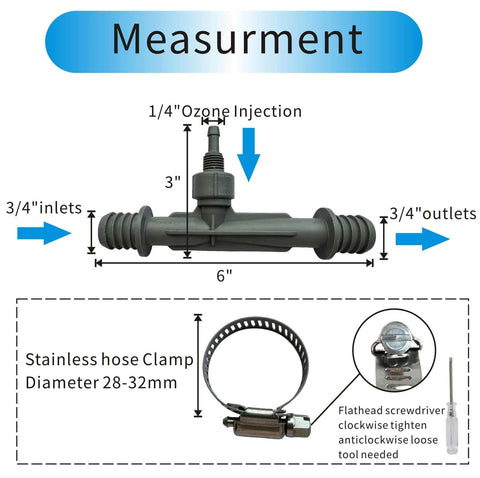 Diagram of Ozone Venturi Injector with 3/4 inch inlets and outlets, 1/4 inch ozone port, and included stainless hose clamp.