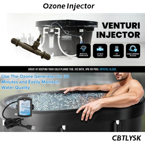 Ozone Venturi Injector for cold plunge, spa, pool circulation pumps and irrigation with barbed inlets, delivering crystal clear water.