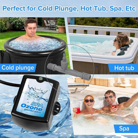 Ozone Venturi Injector for Cold Plunge, Spa, Pool Circulation Pumps and Irrigation use, shown with pools and spa settings in background.