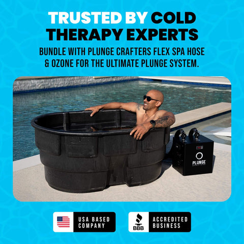 Man in cold plunge spa by pool with Efficient Ozone Venturi Injector For Cold Plunge Ice Bath Spa and Pool Pumps nearby