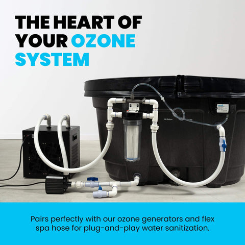 Efficient Ozone Venturi Injector For Cold Plunge Ice Bath Spa And Pool Pumps setup with barbed inlets and ozone port