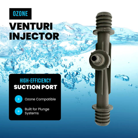 Image of an Efficient Ozone Venturi Injector for cold plunge ice bath spa and pool pumps with barbed inlets, ozone port, and PVC material.