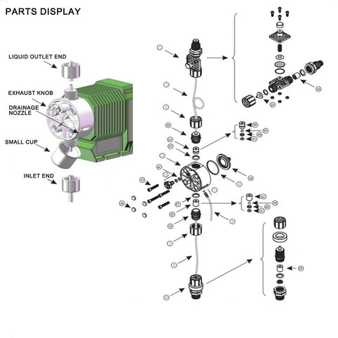 Exploded view of Acid Dosing Pump 5.04L Electromagnetic Diaphragm Metering Pump with labeled parts for precise micro dosing
