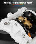 Close-up of air operated double diaphragm pump with half inch inlet and outlet, QBK-15, showing PTFE diaphragm and pneumatic components.