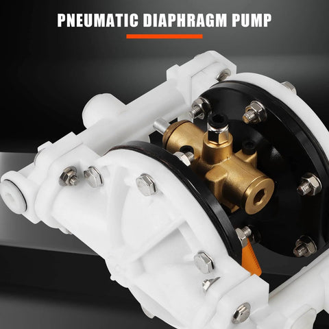 Close-up of air operated double diaphragm pump with half inch inlet and outlet, QBK-15, showing PTFE diaphragm and pneumatic components.