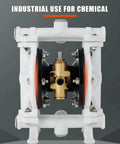 Front view of air operated double diaphragm pump with half inch inlet and outlet, QBK-15, 12 GPM and up to 120 PSI, PTFE diaphragm pneumatic transfer pump for petro, diesel, grease and low viscosity fluids.